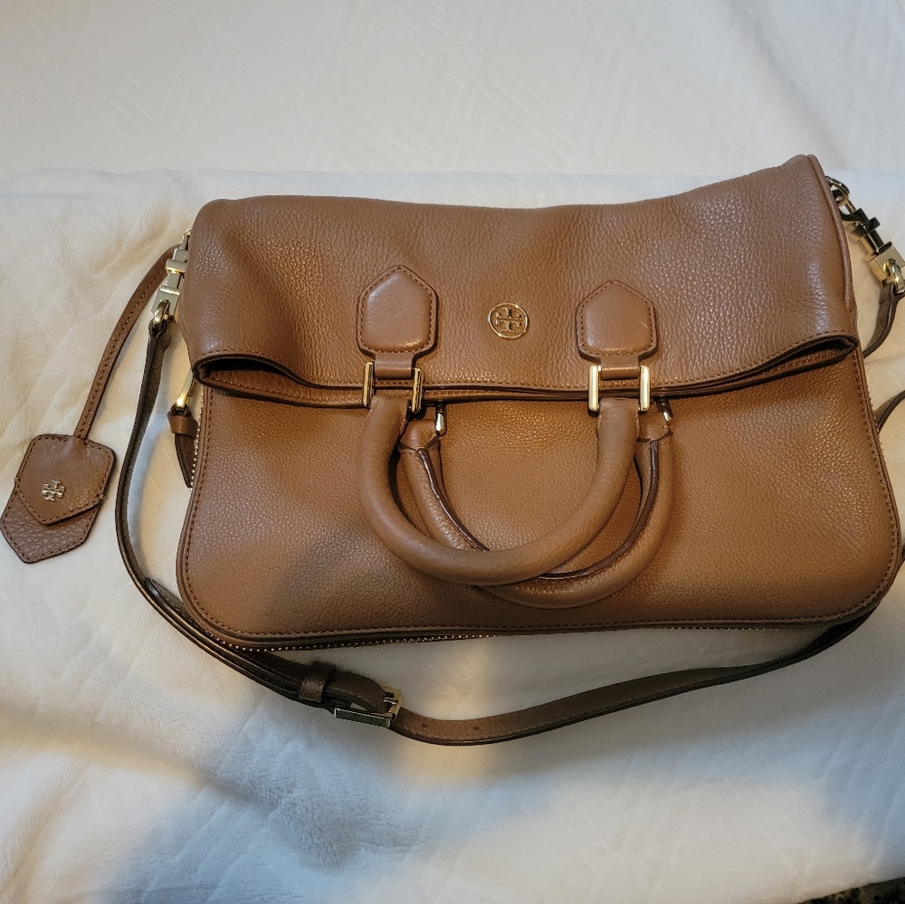 Tory Burch cross body bag, fold over with handles, light brown w/gold hardware
